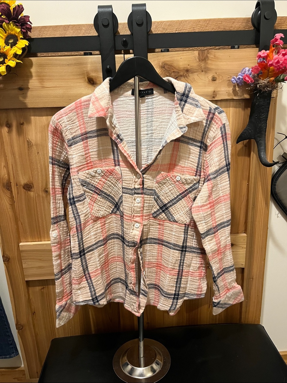 Sanctuary Plaid Button-Down Shirt in Pink, Cream & Navy